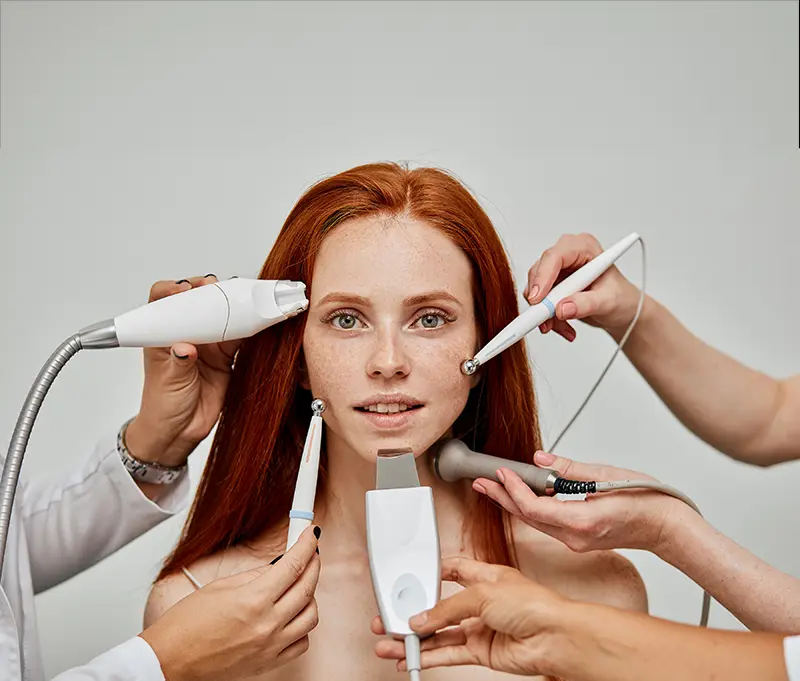 Eine Frau mit roten Haaren und Sommersprossen erhält verschiedene Schönheitsbehandlungen. Mehrere Hände halten verschiedene Kosmetikgeräte um ihr Gesicht herum, wobei der Fokus auf Hautpflegeverfahren liegt, vor einem schlichten Hintergrund.