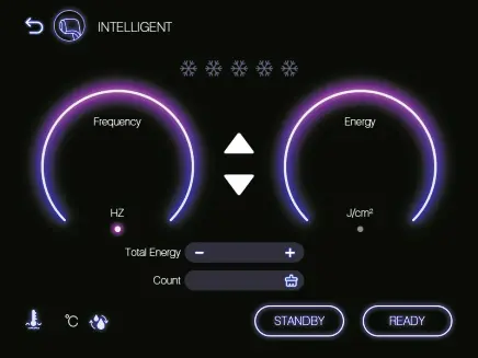 Ein digitales Bedienfeld mit zwei Knöpfen mit der Aufschrift „Frequenz“ und „Energie“. Es zeigt Einstellungen wie „Gesamtenergie“, „Zähler“ und Schaltflächen für „Standby“ und „Bereit“ an. Das Design verfügt über einen dunklen Hintergrund mit violetten Akzenten und Schneeflockensymbolen.