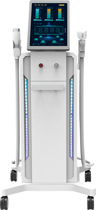 Ein modernes weißes medizinisches Gerät auf Rädern mit zwei angeschlossenen Handstücken. Es verfügt über einen digitalen Touchscreen, auf dem verschiedene Bedienelemente und Messwerte angezeigt werden. Das Gerät verfügt über LED-Leuchten an den Seiten, die ihm ein futuristisches Aussehen verleihen.