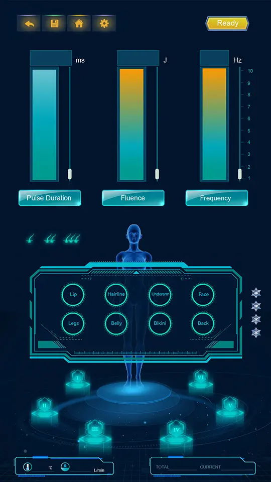 Eine futuristische Benutzeroberfläche mit drei vertikalen Schiebereglern mit den Bezeichnungen „Pulsdauer“, „Fluenz“ und „Frequenz“. Darunter ist eine holografische menschliche Figur mit Körperbereichen wie „Lippe“ und „Gesicht“ hervorgehoben. Das Design ist elegant mit blauen und grünen Tönen.